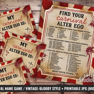 Afdrukbaar naamspel horrorcarnaval, vintage circus alter ego-bord en naamkaartjes, decor verjaardag of Halloweenfeest, Bloody Freak Show-spel