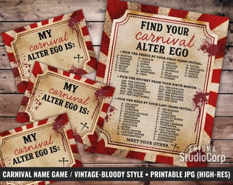 Horror Carnival Name Game Printable, Vintage Circus Alter Ego Sign & Name Cards, Birthday or Halloween Party Decor, Bloody Freak Show Game