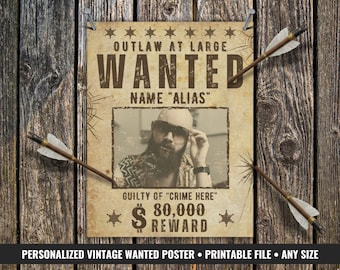CUSTOM Wanted Poster with Photo, Personalized Wild West Wanted Sign, Western Birthday Party Decor Gift for Adult/Baby, Rustic Vintage Poster