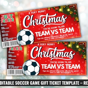 Pode incluir: Dois bilhetes-presente vermelhos para um jogo de futebol com tema natalino. Cada bilhete apresenta um gráfico de bola de futebol e o texto "A Very Merry Christmas". Os bilhetes incluem espaço para o destinatário, remetente, data e informações de localização.