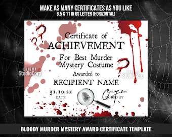Bloody Murder Mystery Award Certificate, Crime Scene Certificate of Achievement, Killer Game Prize Awards, Halloween Costume Party Diploma