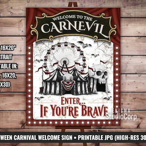 Halloween Carnival Welcome Sign, Digital CarnEvil Poster, Printable Spooky Circus Entrance Decor, Scary Clown & Skull Art Print, 16x20 Sign