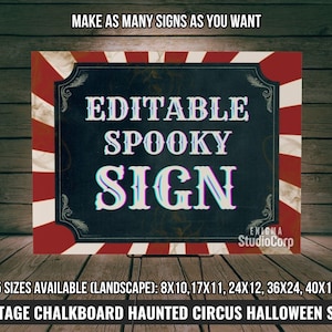 Set de letreros editables para fiesta de Halloween, decoración de circo embrujado con pizarra vintage, decoración espeluznante, paquete de letreros para juegos/buffet, pancarta roja aterradora