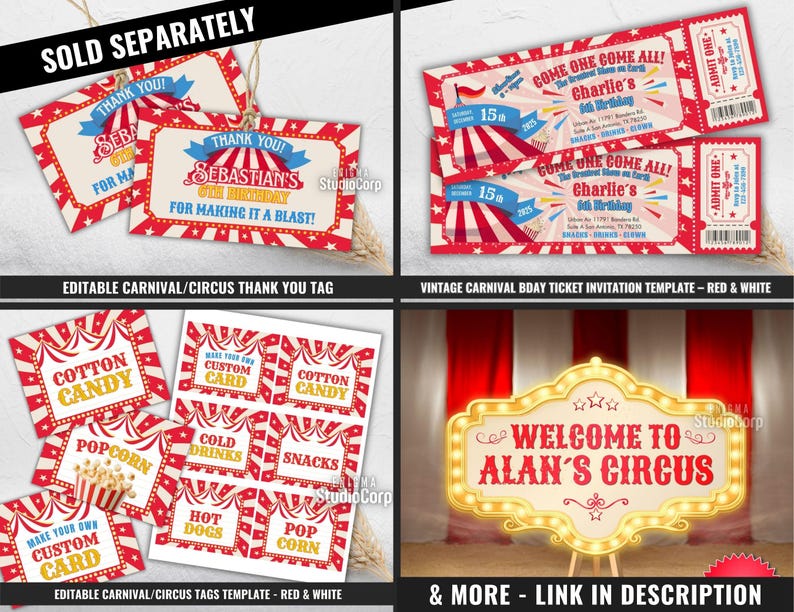 Editable Carnival Sign, Carnival Birthday Sign, Red White Circus Party ...