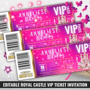 Mädchen-Geburtstagsfeier-VIP-Karteneinladung, Märchen-Königsschloss einladen, Schönheitsfestzug-Stub-Vorlage, Pink Pass mit individuellem Bild