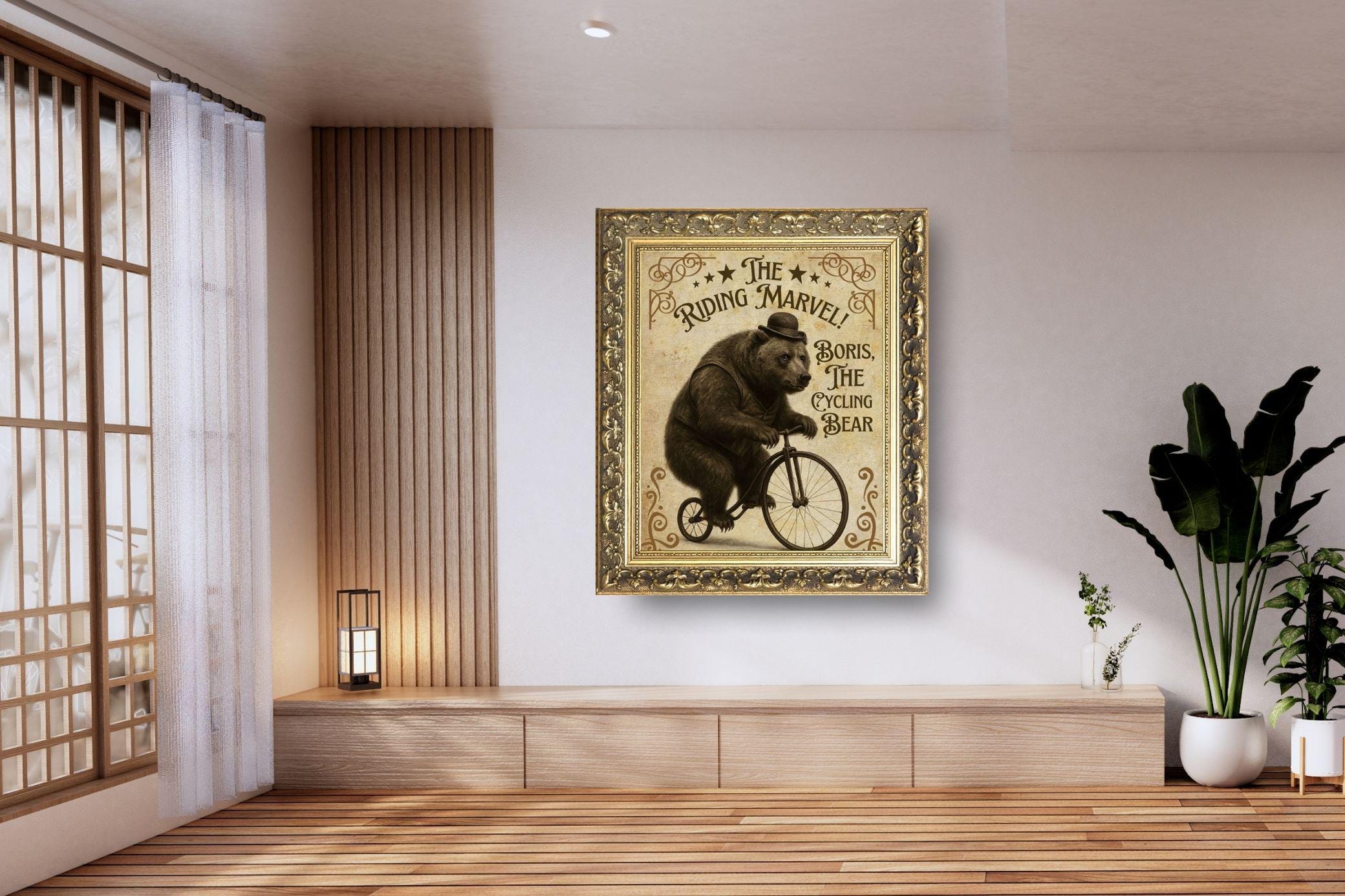 The Cycling Bear Art Print, Vintage Circus Freak Show Poster JPG