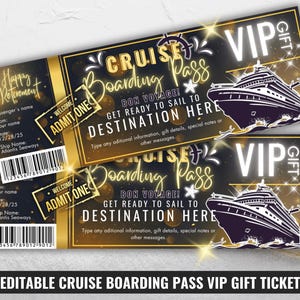 Biglietto crociera per pensionati regalo VIP, voucher carta d'imbarco modificabile, rivelazione vacanza viaggio oceano, pass nero e oro, coupon falso nave barca