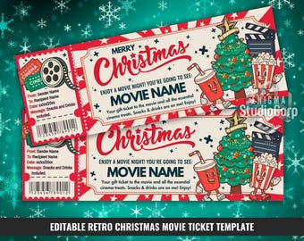 Retro Christmas Movie Ticket, Groovy Movie Night Gift Voucher, Christmas Cinema Gift Certificate, Family Movie Night Pass, Canva Template