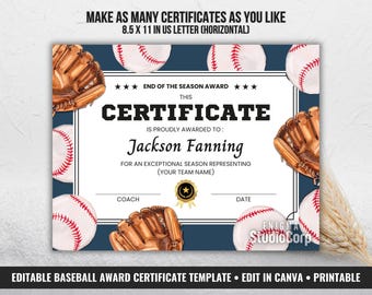 Baseball Award Certificate, End of Season Team Ceremony Awards, Printable Baseball Banquet Awards Gift, Editable Canva Template Diploma