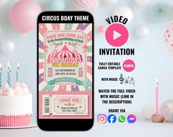 Carnival Birthday Invitation Video, Circus Party Invite for Girls, Vintage Fun Fair Pass, Pastel Pink Circus Ticket, Editable Canva Template