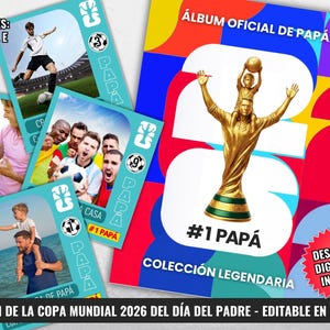 Puede incluir: Una plantilla de álbum digital con un gráfico de trofeo dorado que muestra a un niño sobre los hombros de un padre, formas geométricas coloridas y el texto "ÁLBUM OFICIAL DE PAPÁ", "#1 PAPÁ" y "COLECCIÓN LEGENDARIA" junto a varias tarjetas de fotos de fútbol.