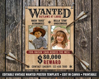 Editable Wanted Poster Template for Couples, Printable Vintage Wild West Party Decor, 2 Photo Reward Sign, Siblings/Twins, Funny Outlaw Prop