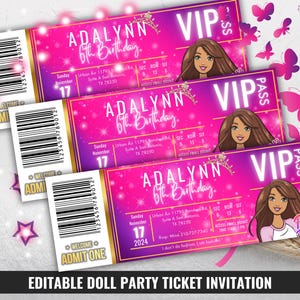 Bearbeitbare Brunette Barbi mit glattem Braunem Haar Geburtstag VIP Ticket Einladung, Malibu Glam Doll African American Barbe Girl Party einladen
