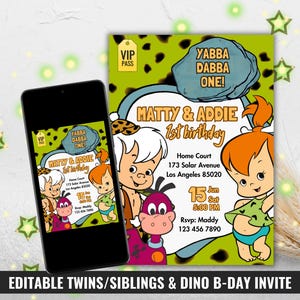 Convite de aniversário para bebês gêmeos e dinossauros, passe VIP da Idade da Pedra Verde, convite para Pebbles e Bam, festa para irmãos bebês, modelo para impressão para crianças pequenas