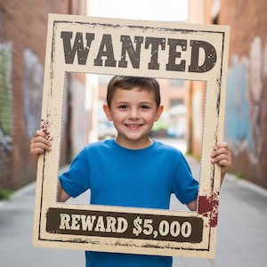 Puede incluir: Un niño sonriente sostiene un letrero vintage de "WANTED". El letrero dice "REWARD 4.600 €" y tiene una apariencia envejecida. El niño lleva una camiseta azul.