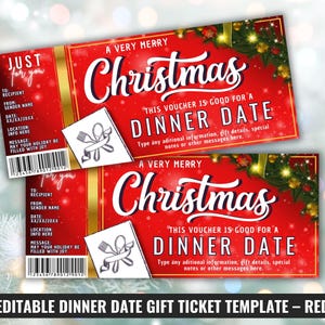 May include: Two red Christmas dinner date gift tickets with gold accents. The tickets read "A Very Merry Christmas" and "This voucher is good for a dinner date." Each ticket has a space for recipient and sender information.