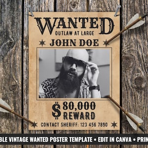 May include: A vintage-style "Wanted" poster with the text "Wanted Outlaw at Large John Doe" and a black and white photo of a man. The poster includes a reward of $80,000 and is pierced by three arrows. The poster is on a wooden background.