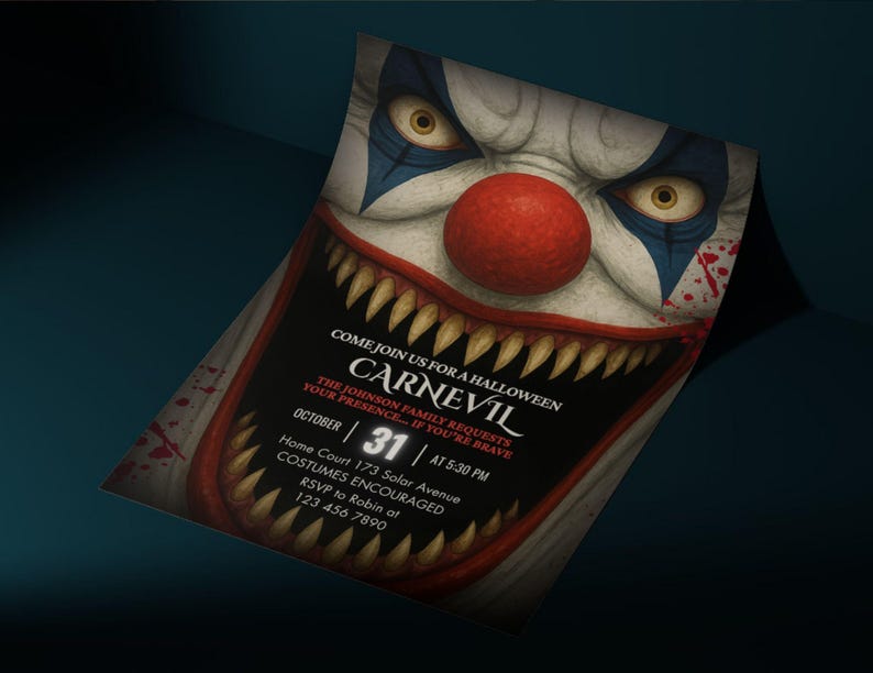 Editable Clown Horror Invitation, Scary Bloody Halloween Carnival Fair ...