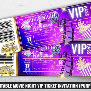 May include: Two purple VIP movie night tickets with popcorn, film reel, and 3D glasses graphics. The tickets include the text "MOVIE NIGHT" and "VIP PASS". The tickets are for a birthday celebration.