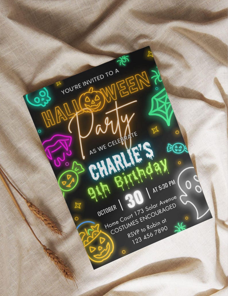 May include: A Halloween party invitation with a black background and neon-style graphics. The text reads "Halloween Party" and "Charlie's 9th Birthday" with the date and time. The invitation includes a ghost, spider, and pumpkin.