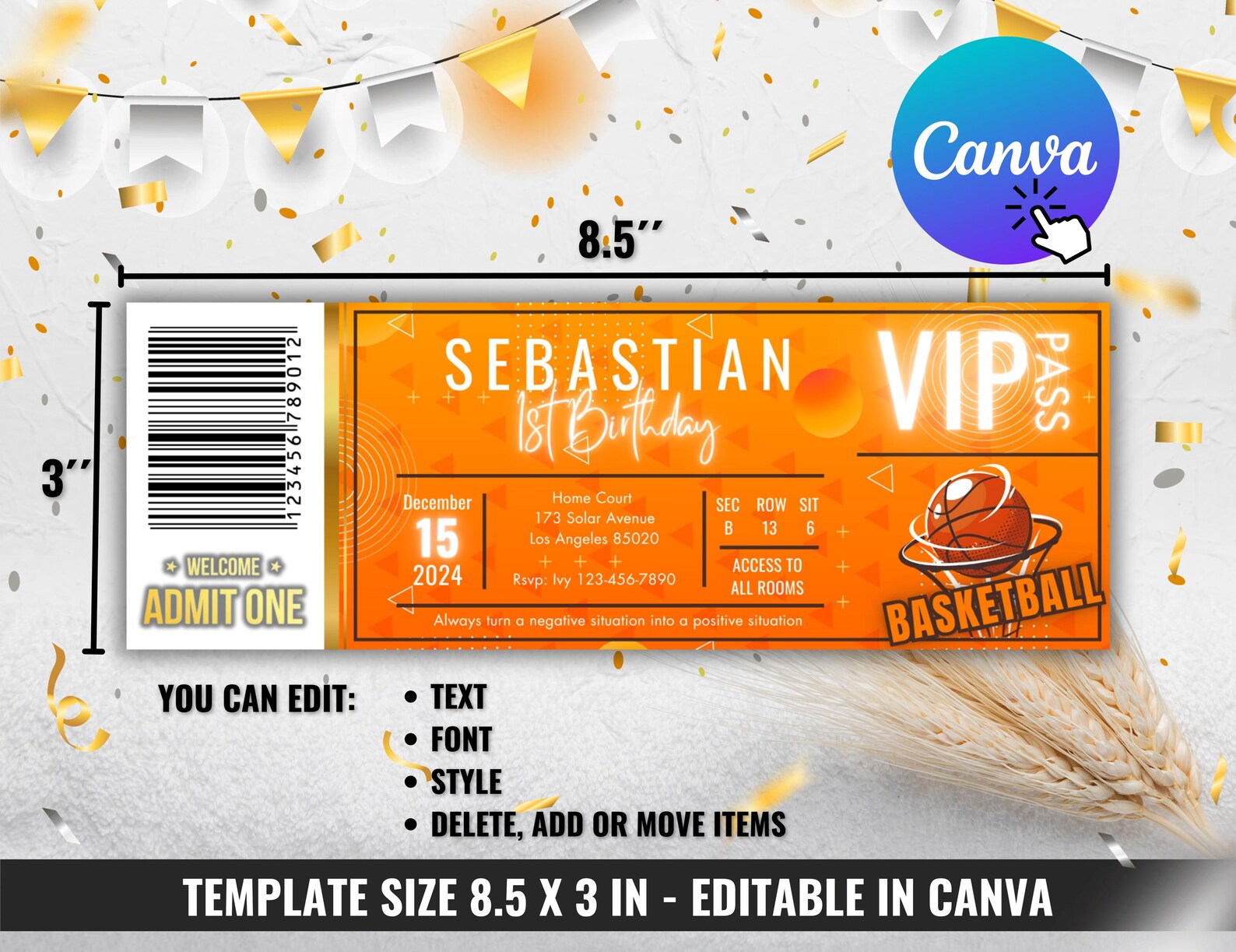 Basketball Invitation Ticket, Basketball Birthday VIP Ticket, Editable ...