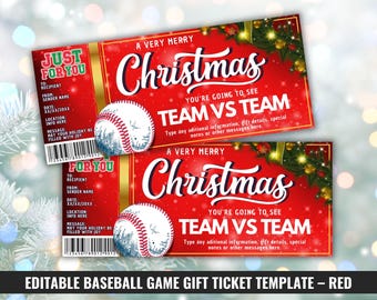 Baseball Ticket Christmas Gift, Baseball Game Certificate, Red Holiday Gift Voucher, Printable Sports Pass Coupon, Editable Canva Template