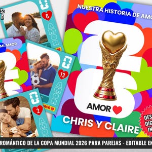 Pode incluir: Um modelo digital para um álbum romântico com o tema da Copa do Mundo de 2026, apresentando um troféu dourado com um coração no topo, padrões de corações coloridos e espaços para fotos. O texto inclui 'NUESTRA HISTORIA DE AMOR', 'AMOR' e 'CHRIS Y CLAIRE'.
