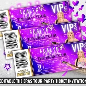 Taylor Eras Tour Geburtstags-VIP-Karte einladen, Swiftie Konzertpass, Eras Tour Party-Einladung, Taylor-Themed Musik-Geburtstags-Gutschein Lila