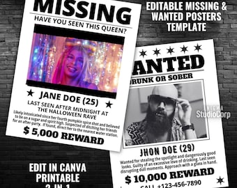 Editable Wanted & Missing Poster Bundle, Halloween Party Poster, Western Party Decor, Funny Western Sign, Vintage Wild West, Black and White