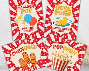 Editable Carnival Signs Bundle, Carnival Birthday Sign, Red White Circus Party Decor, Circus Tent Sign, Game & Booth Signs, Canva Template