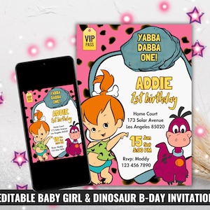Bewerkbare Yabba Dabba One-verjaardagsuitnodiging, roze stenen tijdperk thema VIP-pas, kiezels verjaardagsuitnodiging, babymeisje en dino feestcanvasjabloon