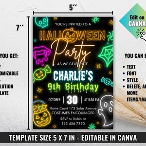 May include: A black Halloween party invitation, 5 x 7 inches, with neon green, orange, and purple graphics. The invitation includes the text "Halloween Party" and "Charlie's 9th Birthday". The template is editable in Canva.