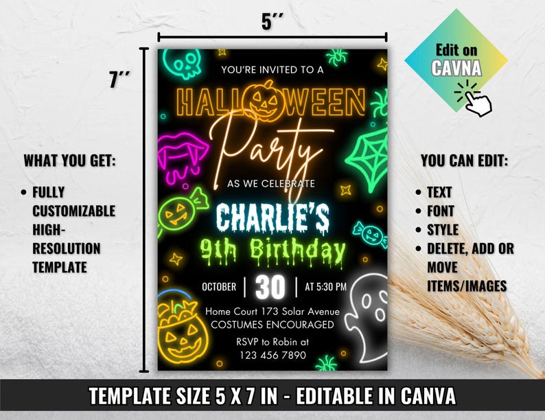 May include: A black Halloween party invitation, 5 x 7 inches, with neon green, orange, and purple graphics. The invitation includes the text "Halloween Party" and "Charlie's 9th Birthday". The template is editable in Canva.