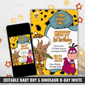 Convite de aniversário de menino afro e dinossauro, passe VIP temático da Idade da Pedra Amarela, convite de aniversário afro-americano Bam Bam, festa Yabba Dabba One