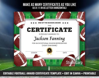 Football Award Certificate, End of Season Team Ceremony Awards, Printable Football Banquet Awards Gift, Editable Canva Template Diploma