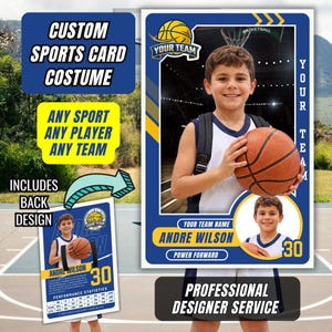 May include: A custom sports card featuring a basketball player holding a ball, with text including CUSTOM SPORTS CARD COSTUME, ANY SPORT ANY PLAYER ANY TEAM, INCLUDES BACK DESIGN, PROFESSIONAL DESIGNER SERVICE, ANDRE WILSON, and number 30.