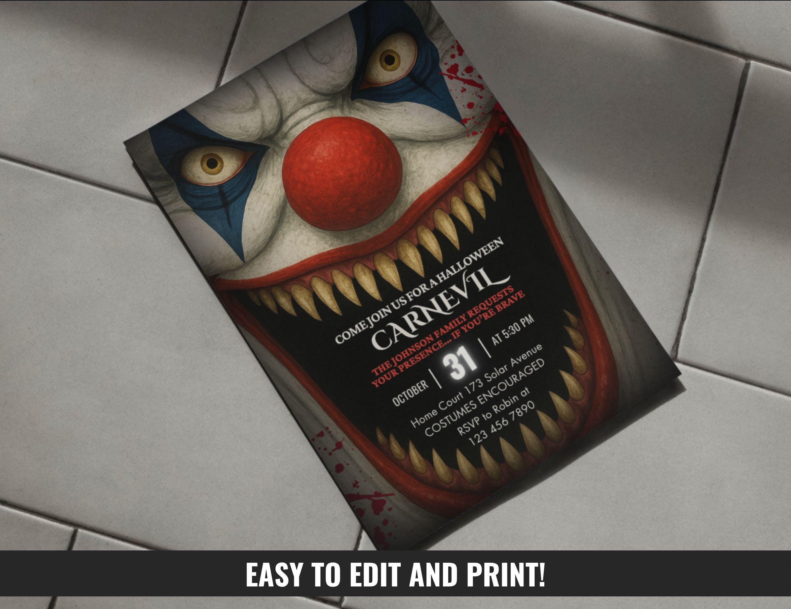 Editable Clown Horror Invitation, Scary Bloody Halloween Carnival Fair ...