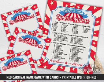 Carnival Name Game Printable, Circus Name Game Sign & Cards, Birthday Party Decor, Red White Circus Star Name Poster, Carnival Activity, JPG