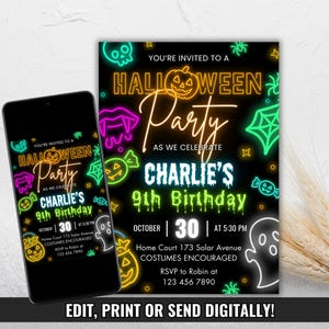 May include: A black Halloween party invitation with neon green, orange, and purple graphics. The invitation reads "Halloween Party" and "Charlie's 9th Birthday" with event details. A smartphone displays the same invitation.