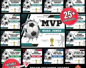 Soccer Award Certificates Bundle, End of Season Team Sports Awards, Printable Soccer Banquet Awards Gift, Editable Diploma Canva Template