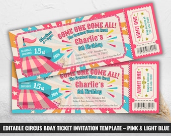 Pink Carnival Ticket Birthday Invitation for Girls, Light Blue & Pink Circus Party Invite, Circus Pass, Fun Fair Voucher, Editable Template