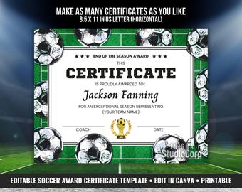 Soccer Award Certificate, End of Season Team Ceremony Awards, Printable Soccer Banquet Awards Gift, Editable Diploma Canva Template