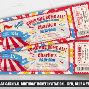 Invitación de cumpleaños con diseño de boleto de carnaval, invitación editable para fiesta de circo en rojo y azul, pase con temática de carnaval vintage, cupón mágico de feria para niños.