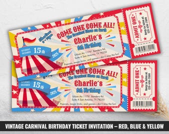 Puede incluir: Dos invitaciones de boletos de cumpleaños con temática de carnaval vintage. Los boletos son rojos, azules y amarillos con el texto "COME ONE COME ALL!" y "Charlie's 6th Birthday." Incluye un código de barras e información de RSVP. La fecha es el 15 de diciembre de 2025.