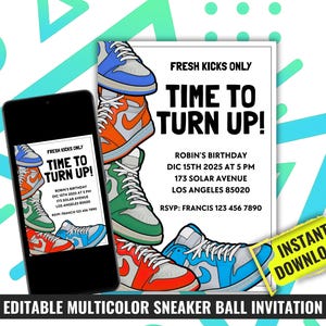 Sneakerball Geburtstagseinladung Multicolor, Air Schuhe Motto Party für Jungen & Mädchen, druckbare Sneakerhead Bash einladen, Unisex Urban Kicks