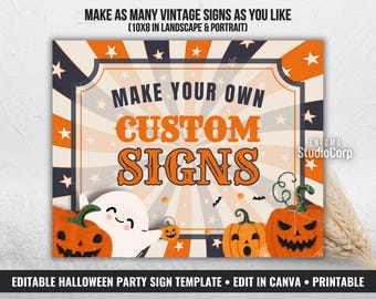 Editable Halloween Carnival Sign, Printable Scary Baby Shower Party Station Decor, Buffet/Banner Template, Pumpkin Orange, Black White Ghost