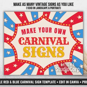 Könnte beinhalten: Eine Vorlage für ein Schild im Vintage-Stil mit Karnevalsthema. Das Design zeigt rote und blaue Streifen, die von der Mitte ausgehen, mit Sternen und dem Text "MAKE YOUR OWN CARNIVAL SIGNS". Das Schild ist 25,4 x 20,3 cm groß und kann bearbeitet werden.