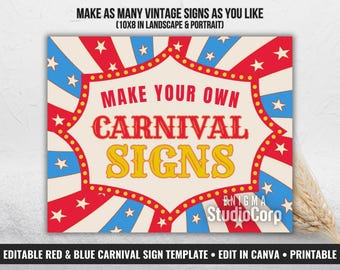 Editable Carnival Sign, Carnival Birthday Sign, Printable Circus Tent Sign, Red Blue Circus Party Decor, Game & Booth Signs, Canva Template