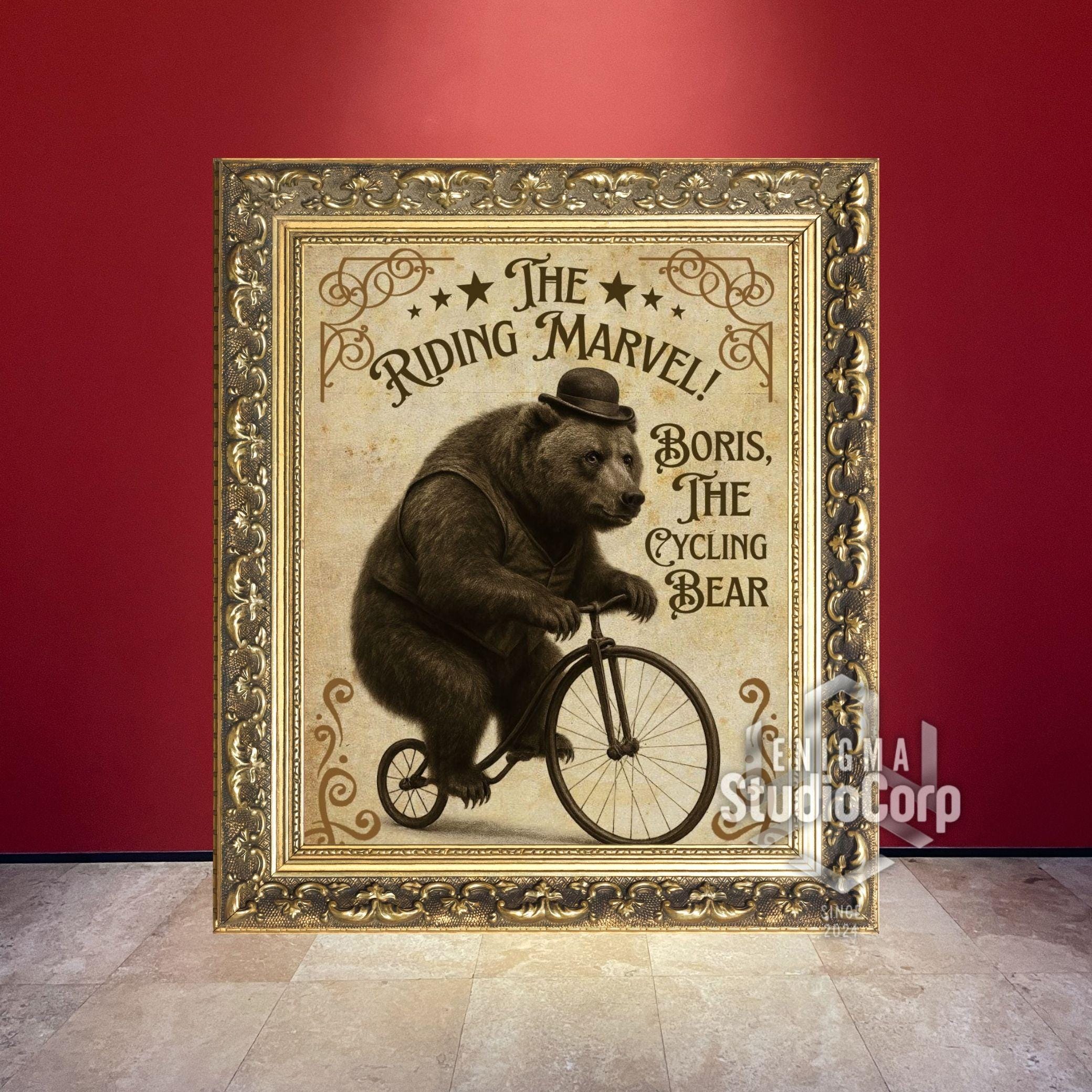 The Cycling Bear Art Print, Vintage Circus Freak Show Poster JPG