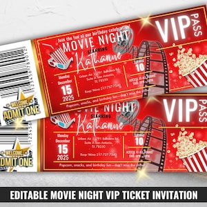 Movie Night VIP Ticket Einladung, Kino-Geburtstagsfeier einladen, Rot druckbare Stub, Film Premiere Vorlage, bearbeitbarer Ticket Design VIP Pass